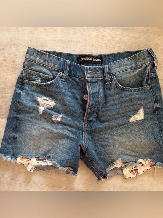 Express Pants - Express Distressed Denim Shorts with Floral Peek in Blue